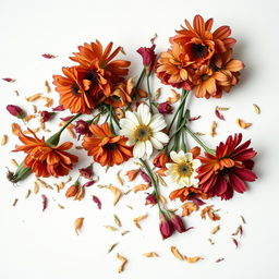 Un grupo de flores pudriéndose y marchitas, exhibiendo colores desvaídos y pétalos caídos, creando una imagen visual que transmite tristeza