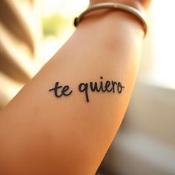 A close-up of a forearm tattooed with the phrase "te quiero" written in a casual, indie style using a black marker