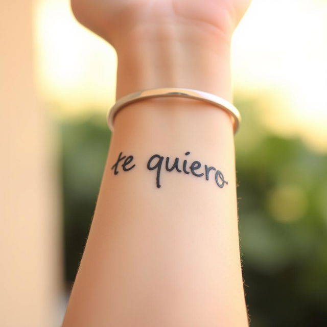 A close-up of a forearm tattooed with the phrase "te quiero" written in a casual, indie style using a black marker