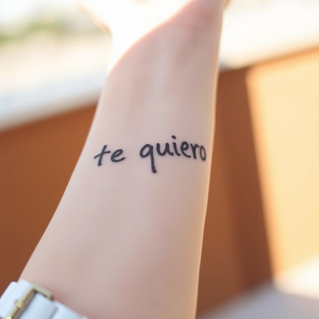 A close-up of a forearm tattooed with the phrase "te quiero" written in a casual, indie style using a black marker