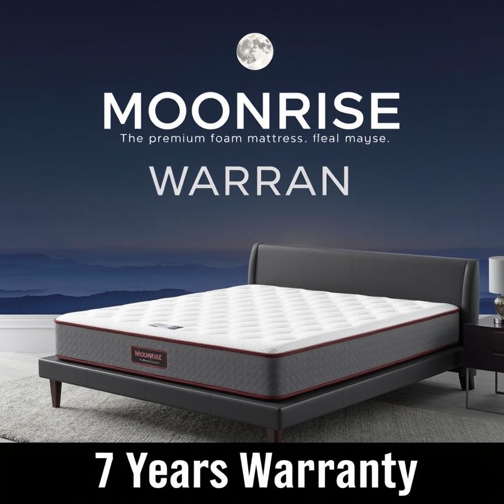 A sleek and modern advertisement for the Moonrise mattress, showcasing a premium foam mattress with a luxurious design
