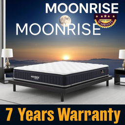 A sleek and modern advertisement for the Moonrise mattress, showcasing a premium foam mattress with a luxurious design