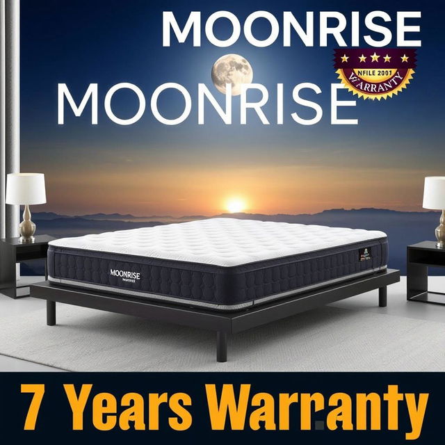 A sleek and modern advertisement for the Moonrise mattress, showcasing a premium foam mattress with a luxurious design