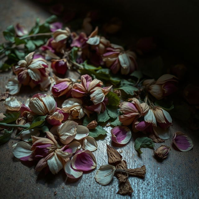 A hauntingly beautiful scene of dead flowers rotting on the floor, their petals wilted and decaying, creating a poignant visual of neglect and loss