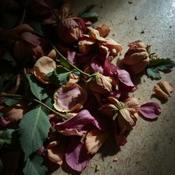 A hauntingly beautiful scene of dead flowers rotting on the floor, their petals wilted and decaying, creating a poignant visual of neglect and loss