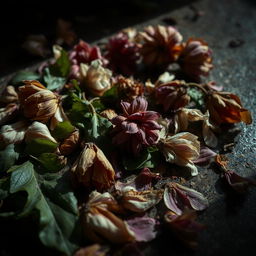 A hauntingly beautiful scene of dead flowers rotting on the floor, their petals wilted and decaying, creating a poignant visual of neglect and loss