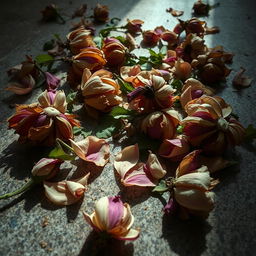 A hauntingly beautiful scene of dead flowers rotting on the floor, their petals wilted and decaying, creating a poignant visual of neglect and loss