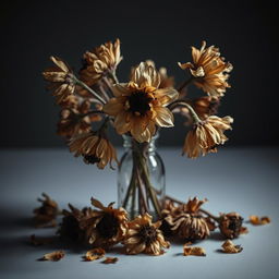 A dramatic arrangement of wilted flowers in a vase, showcasing their dry and lifeless state with a striking emphasis on their delicate details