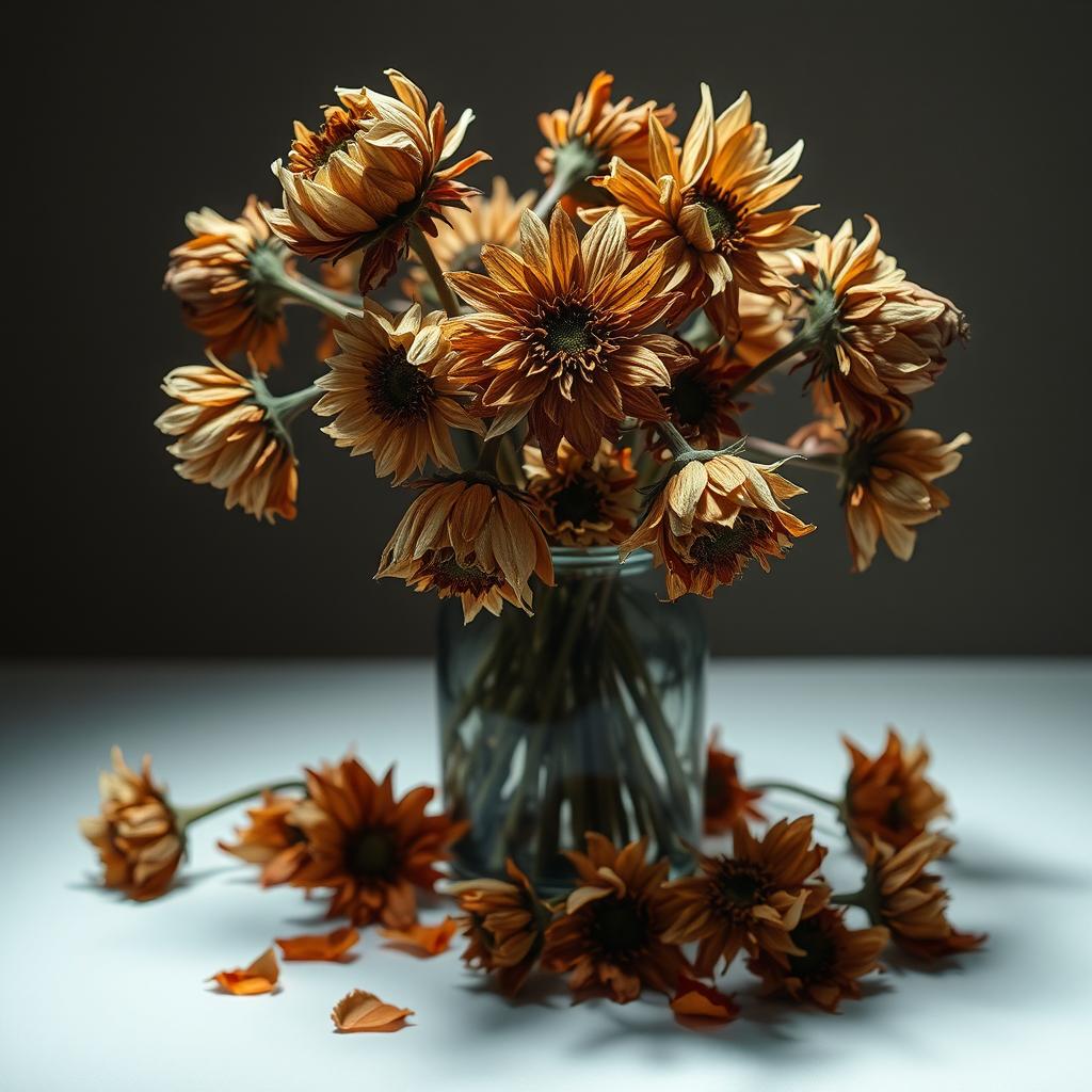 A dramatic arrangement of wilted flowers in a vase, showcasing their dry and lifeless state with a striking emphasis on their delicate details