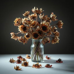 A dramatic arrangement of wilted flowers in a vase, showcasing their dry and lifeless state with a striking emphasis on their delicate details