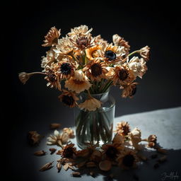 A dramatic arrangement of wilted flowers in a vase, showcasing their dry and lifeless state with a striking emphasis on their delicate details