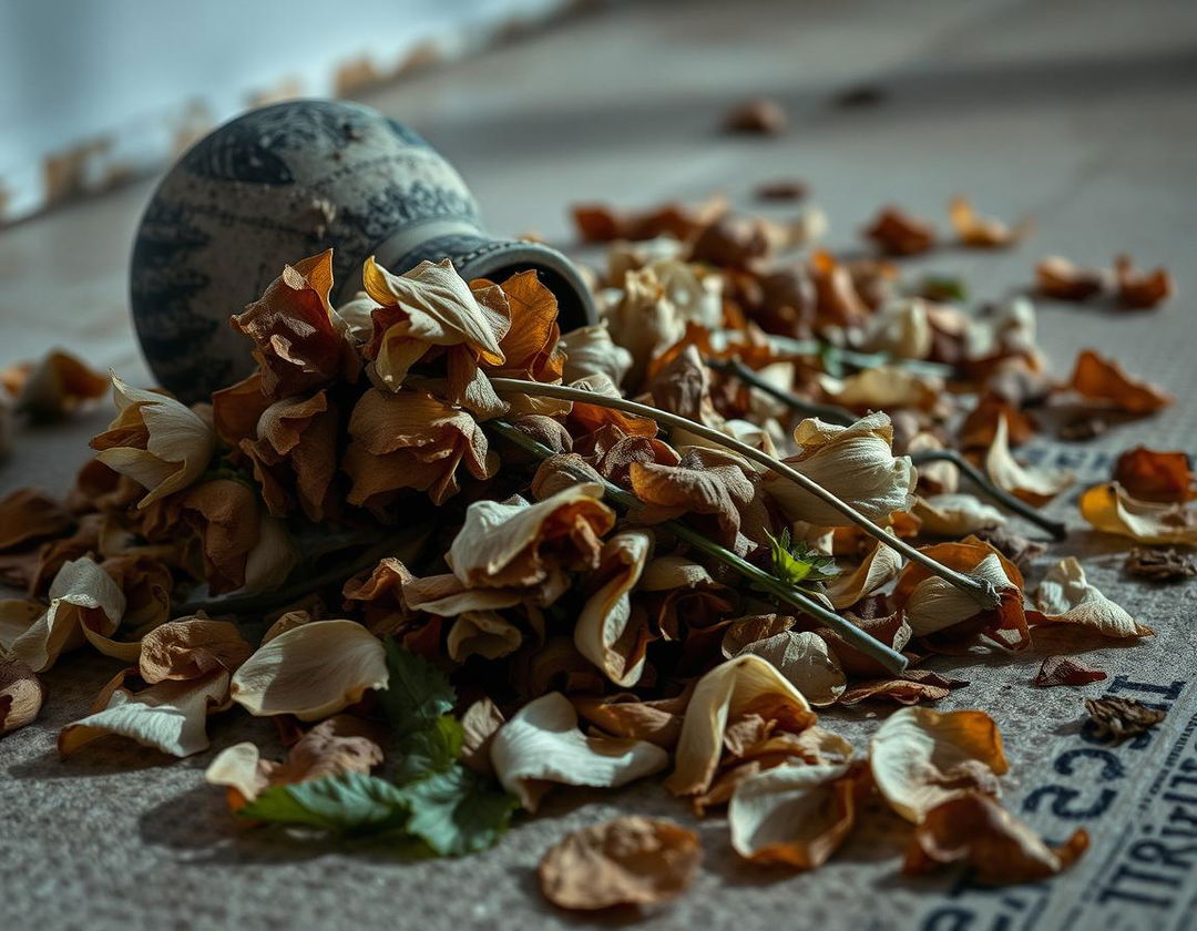 A poignant scene of dead flowers rotting on the floor, their once vibrant colors faded to dull shades of brown and gray