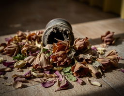 A poignant scene of dead flowers rotting on the floor, their once vibrant colors faded to dull shades of brown and gray