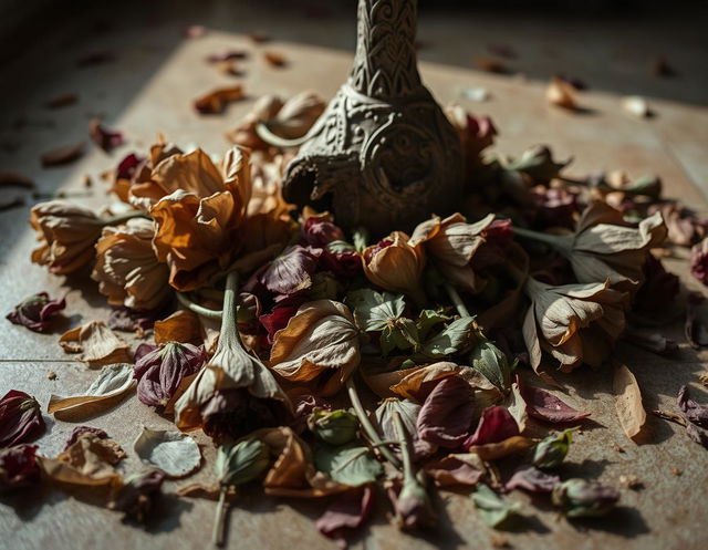 A poignant scene of dead flowers rotting on the floor, their once vibrant colors faded to dull shades of brown and gray