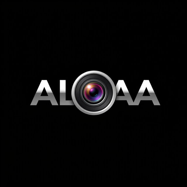 A sleek and modern logo design featuring the word 'ALAA' in bold, stylish typography integrated with a camera lens