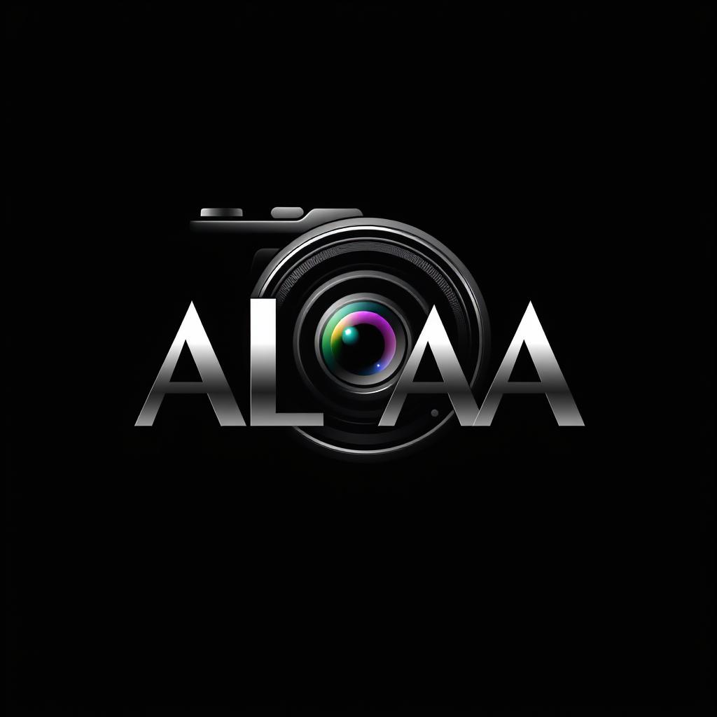 A sleek and modern logo design featuring the word 'ALAA' in bold, stylish typography integrated with a camera lens