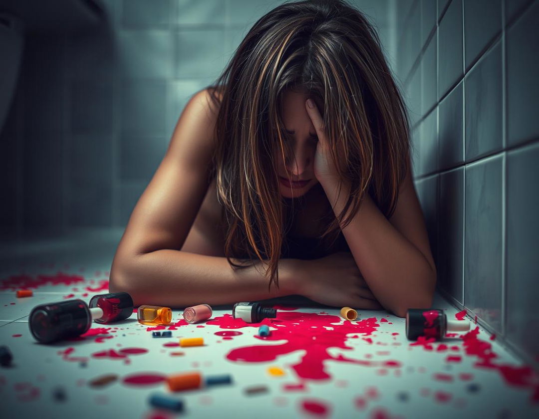 A deeply emotive scene of a woman crying on the bathroom floor, capturing the rawness of her emotions