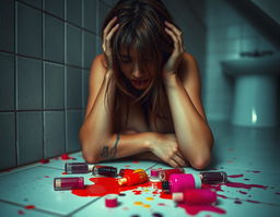 A deeply emotive scene of a woman crying on the bathroom floor, capturing the rawness of her emotions