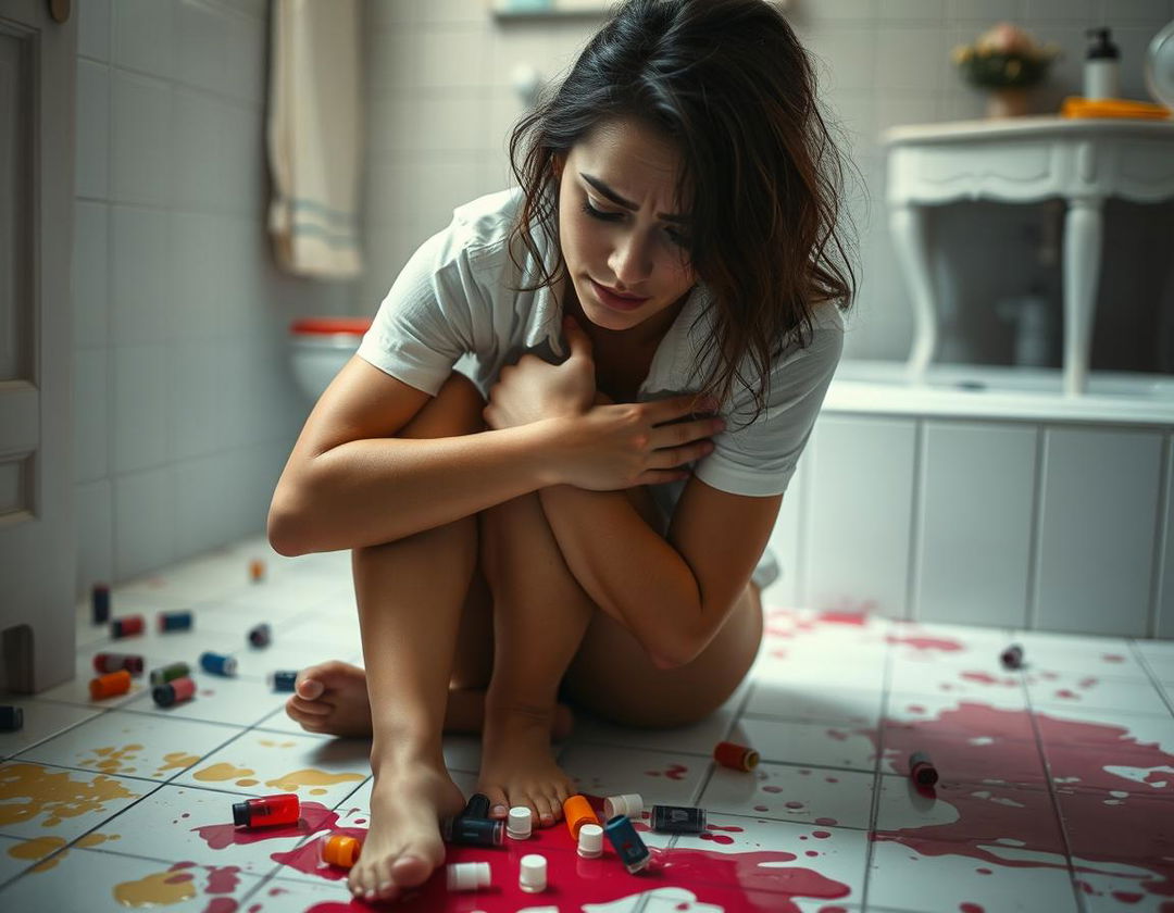 A striking portrayal of a woman sitting on the bathroom floor, crying in a moment of emotional vulnerability