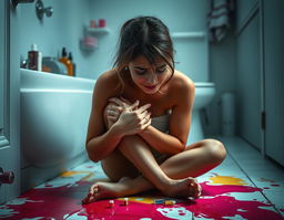 A striking portrayal of a woman sitting on the bathroom floor, crying in a moment of emotional vulnerability