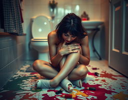 A striking portrayal of a woman sitting on the bathroom floor, crying in a moment of emotional vulnerability