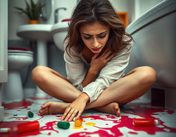 A striking portrayal of a woman sitting on the bathroom floor, crying in a moment of emotional vulnerability
