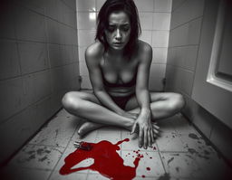 A hauntingly beautiful scene of a woman sitting on the bathroom floor, crying in black and white, embodying the essence of French Nouvelle Vague