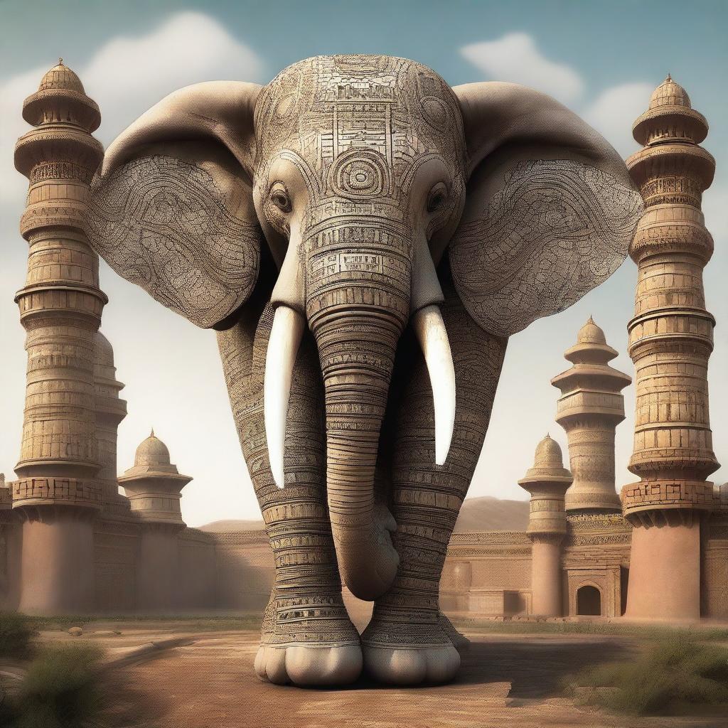 A high-quality digital art image shows a gigantic elephant with four ivory tusks