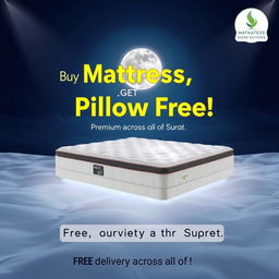 A visually captivating advertisement for a premium foam mattress, featuring the mattress prominently in the center