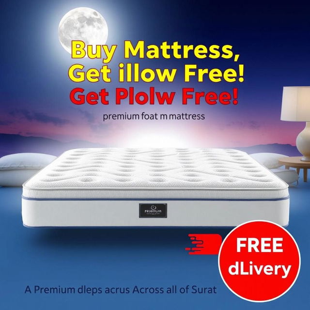 A visually captivating advertisement for a premium foam mattress, featuring the mattress prominently in the center