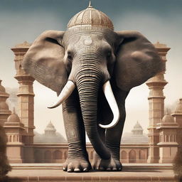 A high-quality digital art image shows a gigantic elephant with four ivory tusks