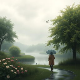 A serene landscape during a gentle rain, with soft droplets falling from a cloudy sky