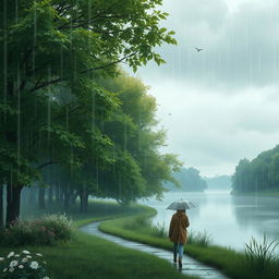 A serene landscape during a gentle rain, with soft droplets falling from a cloudy sky