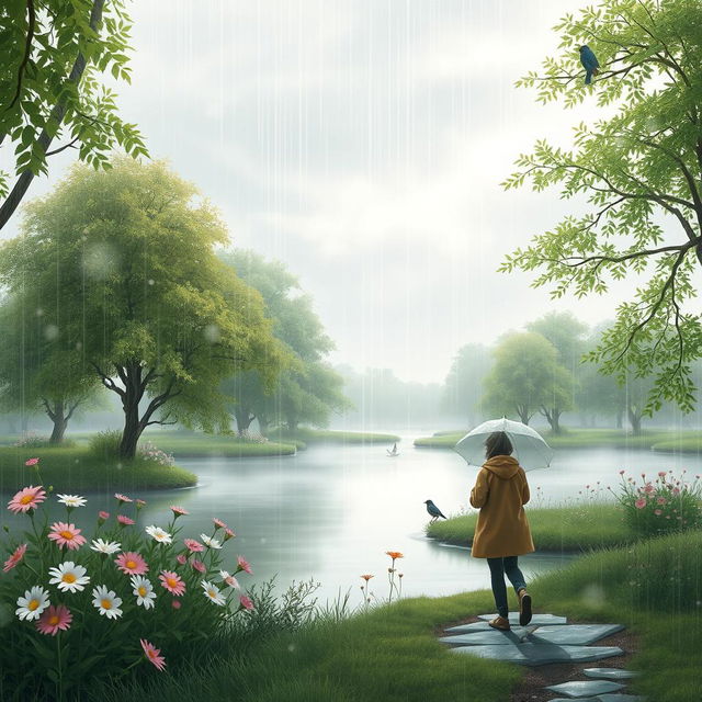 A serene landscape during a gentle rain, with soft droplets falling from a cloudy sky