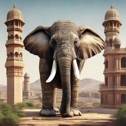 A high-quality digital art image shows a gigantic elephant with four ivory tusks