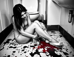 An evocative artistic representation of a woman sitting on the bathroom floor, crying, in striking black and white