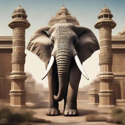 A high-quality digital art image shows a gigantic elephant with four ivory tusks