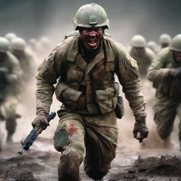 Create a vivid image of a soldier attacking and screaming in the thick of combat against the enemy, his uniform and skin streaked with sweat, blood, mud, and dirt, capturing the harsh realities of war on a chaotic battlefield