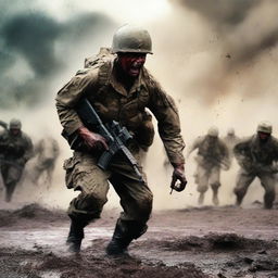 Create a vivid image of a soldier attacking and screaming in the thick of combat against the enemy, his uniform and skin streaked with sweat, blood, mud, and dirt, capturing the harsh realities of war on a chaotic battlefield