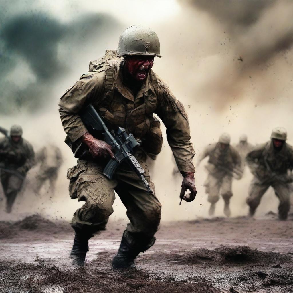 Create a vivid image of a soldier attacking and screaming in the thick of combat against the enemy, his uniform and skin streaked with sweat, blood, mud, and dirt, capturing the harsh realities of war on a chaotic battlefield