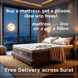 An advertisement for a premium foam mattress with a focus on a special promotion: 'Buy a mattress, get a pillow for free!' The scene showcases a luxurious bedroom with the mattress prominently displayed, adorned with soft pillows and cozy blankets