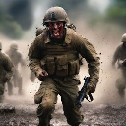 Create a vivid image of a soldier attacking and screaming in the thick of combat against the enemy, his uniform and skin streaked with sweat, blood, mud, and dirt, capturing the harsh realities of war on a chaotic battlefield