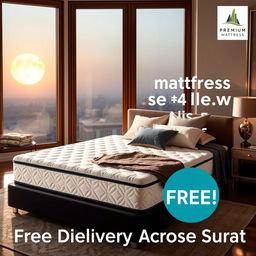 An advertisement for a premium foam mattress with a focus on a special promotion: 'Buy a mattress, get a pillow for free!' The scene showcases a luxurious bedroom with the mattress prominently displayed, adorned with soft pillows and cozy blankets