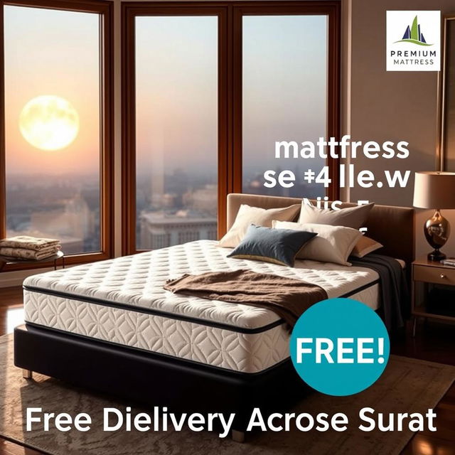 An advertisement for a premium foam mattress with a focus on a special promotion: 'Buy a mattress, get a pillow for free!' The scene showcases a luxurious bedroom with the mattress prominently displayed, adorned with soft pillows and cozy blankets