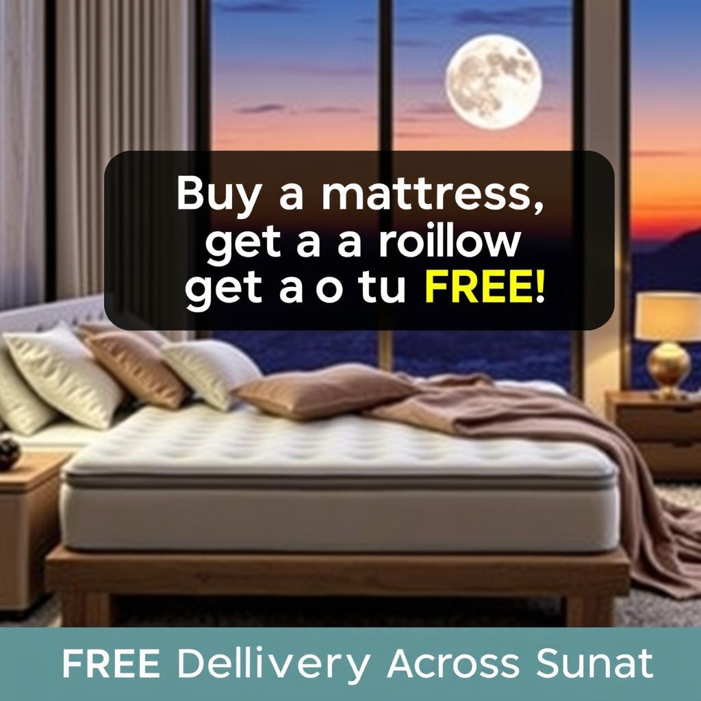 An advertisement for a premium foam mattress with a focus on a special promotion: 'Buy a mattress, get a pillow for free!' The scene showcases a luxurious bedroom with the mattress prominently displayed, adorned with soft pillows and cozy blankets