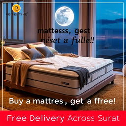 An advertisement for a premium foam mattress with a focus on a special promotion: 'Buy a mattress, get a pillow for free!' The scene showcases a luxurious bedroom with the mattress prominently displayed, adorned with soft pillows and cozy blankets