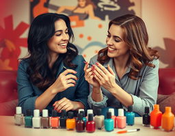 A vibrant and artistic depiction of two women painting each other's nails, inspired by the French Nouvelle Vague style