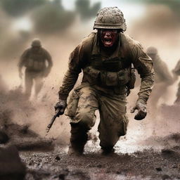 Create a vivid image of a soldier attacking and screaming in the thick of combat against the enemy, his uniform and skin streaked with sweat, blood, mud, and dirt, capturing the harsh realities of war on a chaotic battlefield