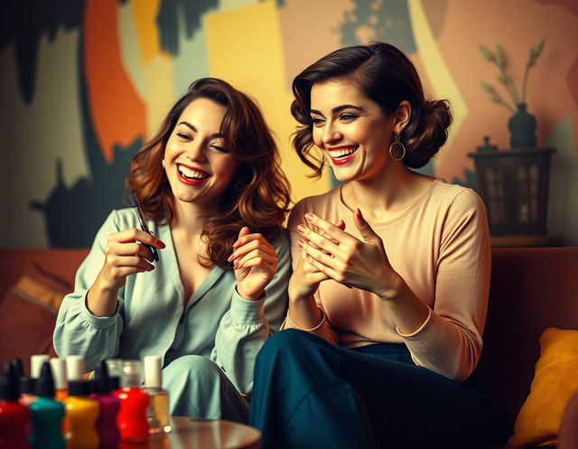 A vibrant and artistic depiction of two women painting each other's nails, inspired by the French Nouvelle Vague style