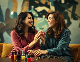 A vibrant and artistic depiction of two women painting each other's nails, inspired by the French Nouvelle Vague style
